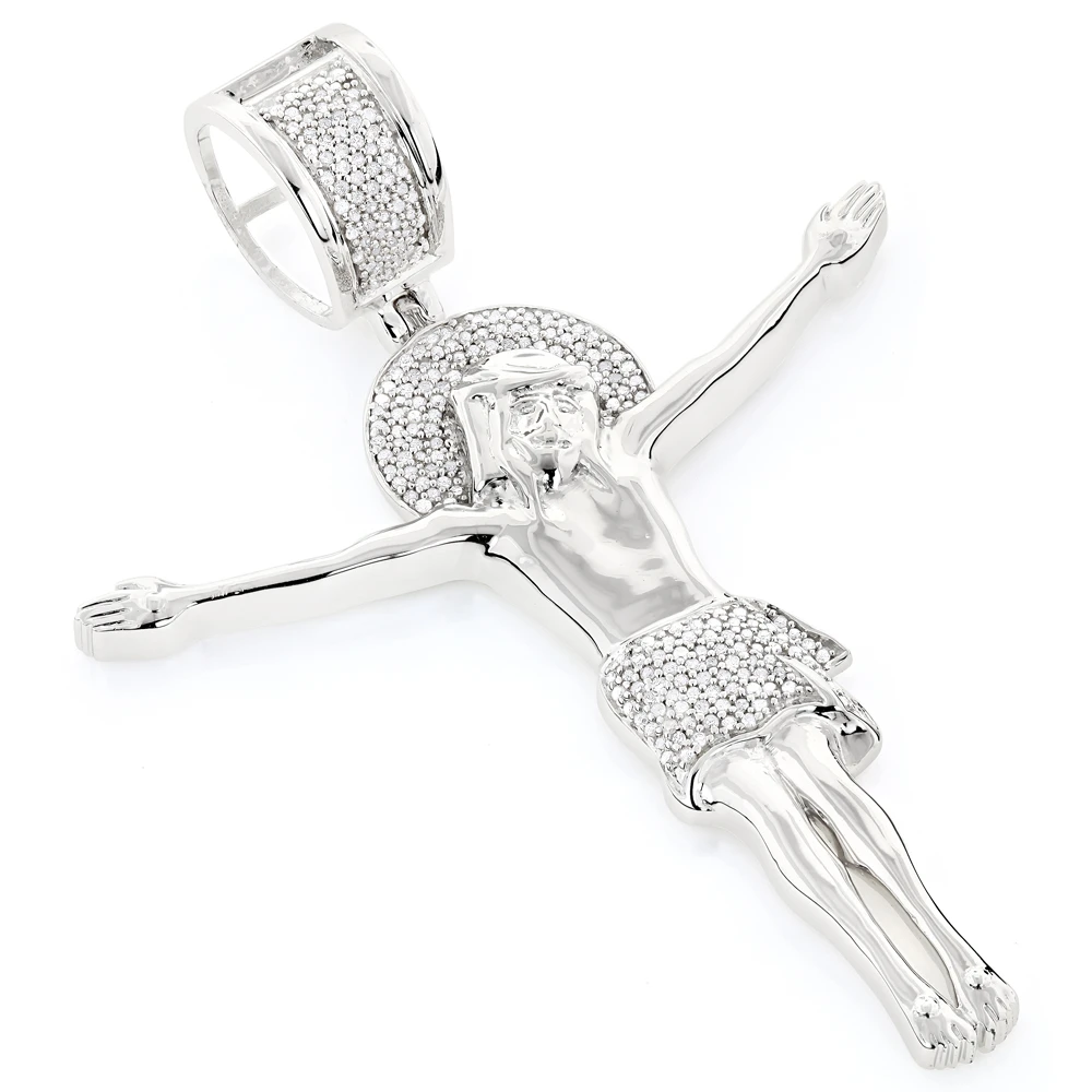 Real Sterling Silver Diamond Jesus Crucifix Pendant 0.6ct 3 Real Sterling Silver Diamond Jesus Crucifix Pendant 0.6ct