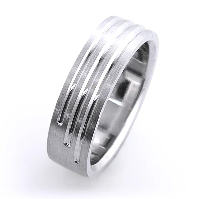 Three Lines Men's Wedding Band Solid 14K White Gold 4 Three Lines Men's Wedding Band Solid 14K White Gold - Image 2