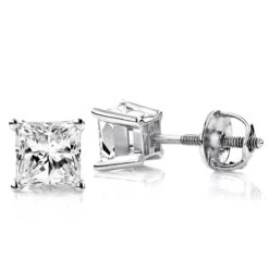 Two Carat 18K White Gold Solitaire Princess Cut Diamond Stud Earrings
