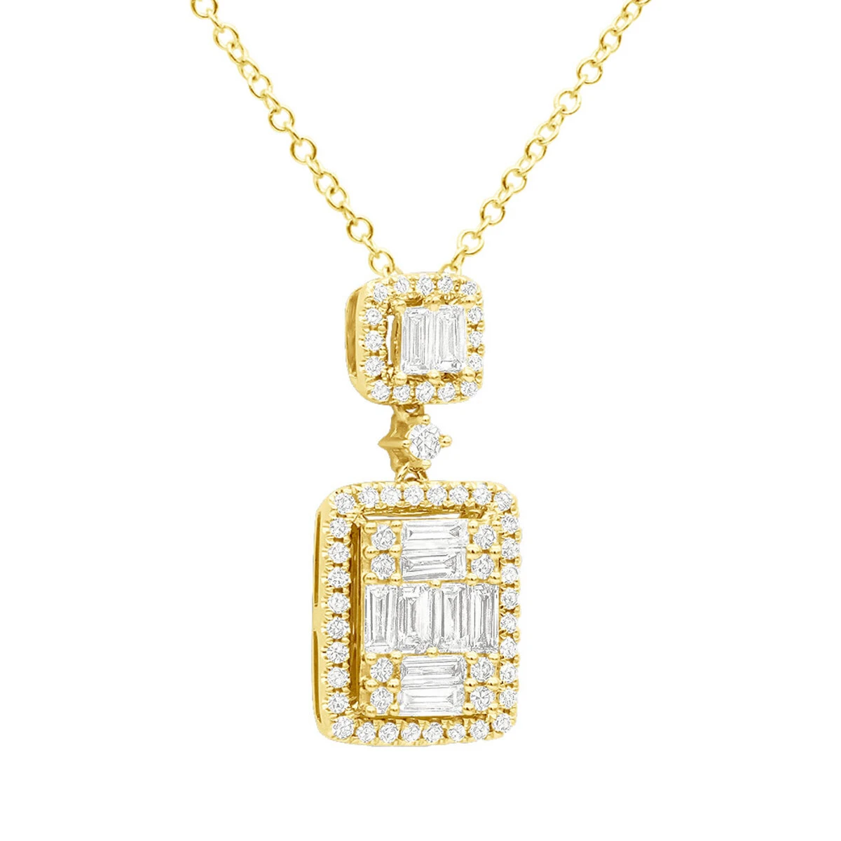 Unique 14K Yellow Gold 1 Carat Round And Baguette Diamond Pendant Necklace For Women 3 Unique 14K Yellow Gold 1 Carat Round And Baguette Diamond Pendant Necklace For Women