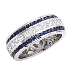 Unique 14K White Gold Blue Sapphires And Diamond Wedding Band For Men & Women 4.5ct