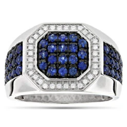 Unique 14K White Gold Diamond And Blue Sapphire Men's Ring By Luxurman 1.8ctw