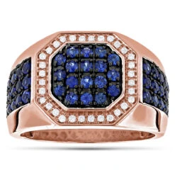 Unique 14K White Gold Diamond And Blue Sapphire Men's Ring By Luxurman 1.8ctw -H'Hen Sale Store unique 14k gold diamond and blue sapphire mens ring by luxurman 18ctw ro