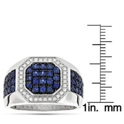 Unique 14K White Gold Diamond And Blue Sapphire Men's Ring By Luxurman 1.8ctw -H'Hen Sale Store unique 14k gold diamond and blue sapphire mens ring by luxurman 18ctw ruler