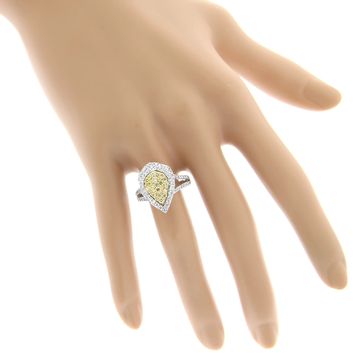 Unique 14K White Gold White Yellow Diamond Pear Shape Cluster Ring For Women 1.5c 7 Unique 14K White Gold White Yellow Diamond Pear Shape Cluster Ring For Women 1.5c - Image 5