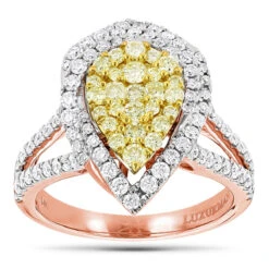 Unique 14K White Gold White Yellow Diamond Pear Shape Cluster Ring For Women 1.5c 10 Unique 14K White Gold White Yellow Diamond Pear Shape Cluster Ring For Women 1.5c -H'Hen Sale Store unique 14k gold white yellow diamond pear shape cluster ring for women 15c ro