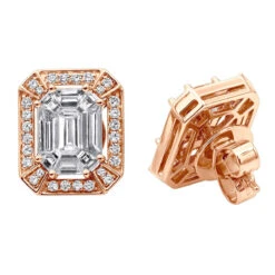 Unique 18K White Gold Emerald Cut Diamond Stud Earrings Halo Design 2.5ct -H'Hen Sale Store unique 18k gold emerald cut diamond stud earrings halo design 25ct 803202 rose