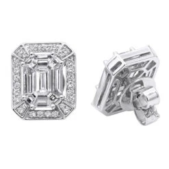 Unique 18K White Gold Emerald Cut Diamond Stud Earrings Halo Design 2.5ct