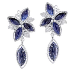 Unique 18K White Gold Ladies Designer Diamond Flower Earrings Blue Sapphires