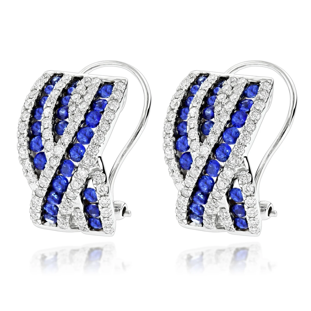 Unique Designer Diamonds And Blue Sapphires Earrings For Her 14K White Gold 3 Unique Designer Diamonds And Blue Sapphires Earrings For Her 14K White Gold