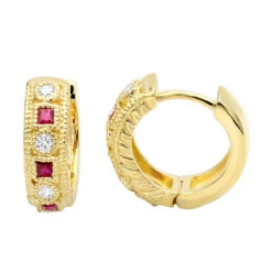 Unique Diamonds And Rubies Earrings Huggies 14K Yellow Gold Small Hoops 1/4 Inch