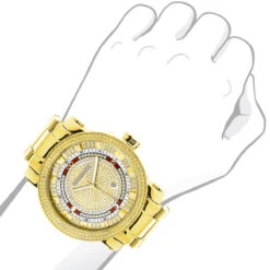 Unique Large Men's Diamond Watch 18k Yellow Gold Plated By Luxurman 0.12ct -H'Hen Sale Store unique large mens diamond watch 18k yellow gold plated by luxurman 012ct bod