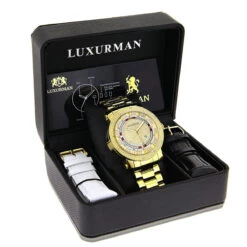 Unique Large Men's Diamond Watch 18k Yellow Gold Plated By Luxurman 0.12ct -H'Hen Sale Store unique large mens diamond watch 18k yellow gold plated by luxurman 012ct box