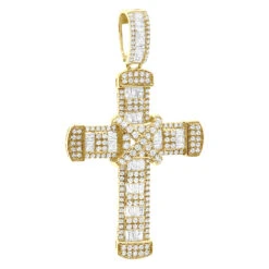 Unique Men's Diamond Cross Pendant 14K Yellow Gold 2 Inch 3 Carats