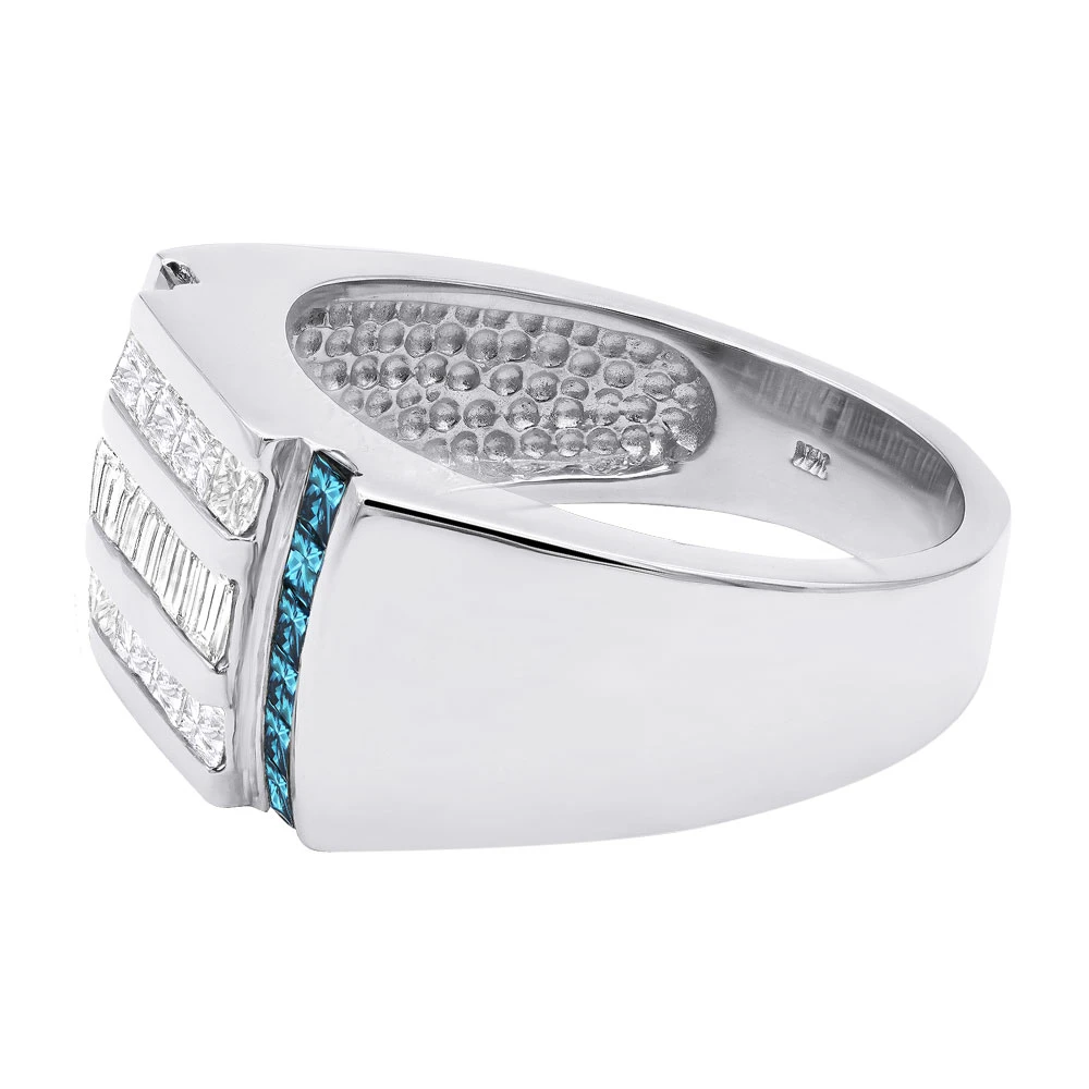 Unique Men's Diamond Ring 18K Gold Princess Baguette White & Blue Diamonds 2ct 6 Unique Men's Diamond Ring 18K Gold Princess Baguette White & Blue Diamonds 2ct - Image 4