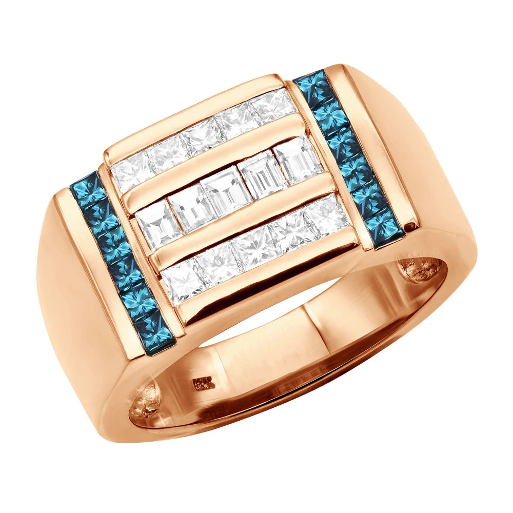 Unique Men's Diamond Ring 18K Gold Princess Baguette White & Blue Diamonds 2ct 5 Unique Men's Diamond Ring 18K Gold Princess Baguette White & Blue Diamonds 2ct - Image 3