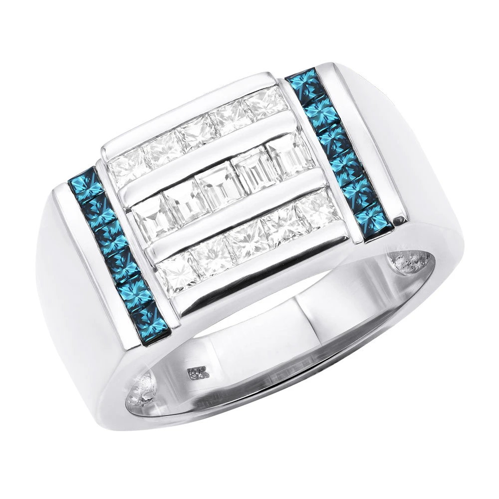 Unique Men's Diamond Ring 18K Gold Princess Baguette White & Blue Diamonds 2ct 3 Unique Men's Diamond Ring 18K Gold Princess Baguette White & Blue Diamonds 2ct