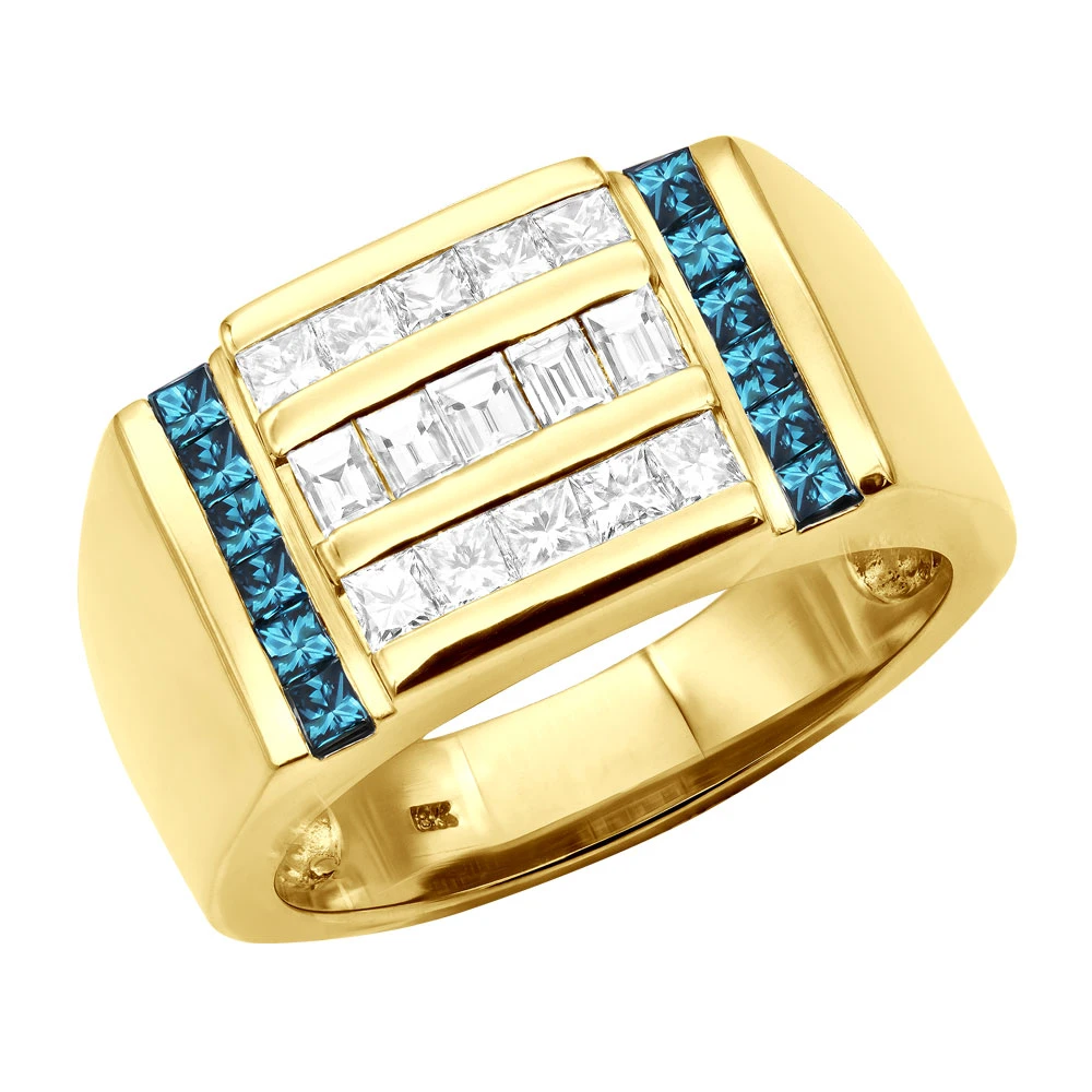 Unique Men's Diamond Ring 18K Gold Princess Baguette White & Blue Diamonds 2ct 4 Unique Men's Diamond Ring 18K Gold Princess Baguette White & Blue Diamonds 2ct - Image 2