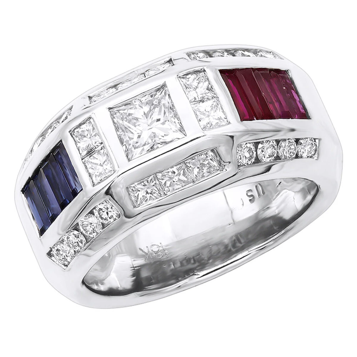 Unique Men's Diamond Ring W Rubies And Sapphires 18K White Gold Statement Ring 3 Unique Men's Diamond Ring W Rubies And Sapphires 18K White Gold Statement Ring