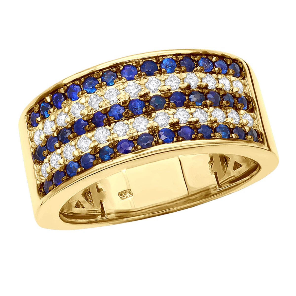 5 Row 10K Yellow Gold Blue Sapphire Diamond Band For Men & Women 3 5 Row 10K Yellow Gold Blue Sapphire Diamond Band For Men & Women