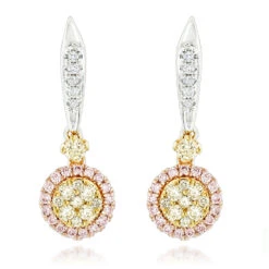 Unique White Yellow Pink Diamond Drop Earrings For Women 1 Carat 14K White Gold