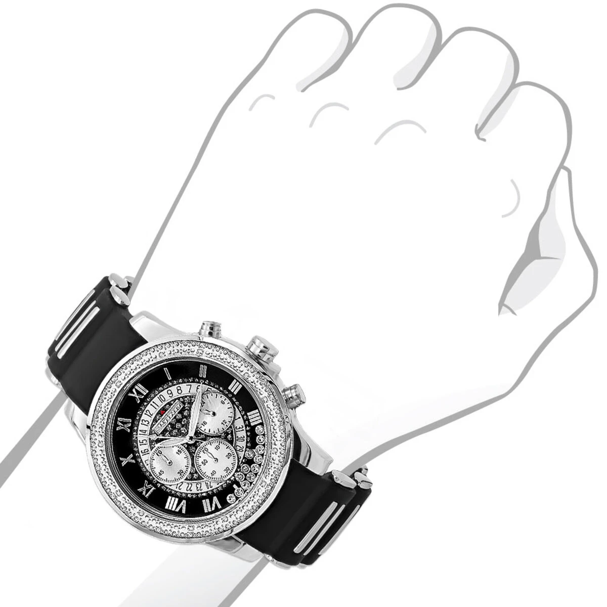 JoJino Floating Stones Men's Diamond Watch Black Rubber Band Chronograph Date 5 JoJino Floating Stones Men's Diamond Watch Black Rubber Band Chronograph Date - Image 3