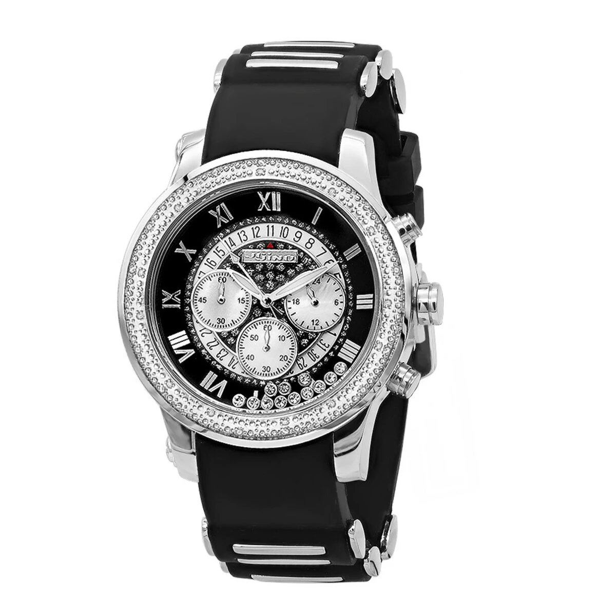 JoJino Floating Stones Men's Diamond Watch Black Rubber Band Chronograph Date 3 JoJino Floating Stones Men's Diamond Watch Black Rubber Band Chronograph Date