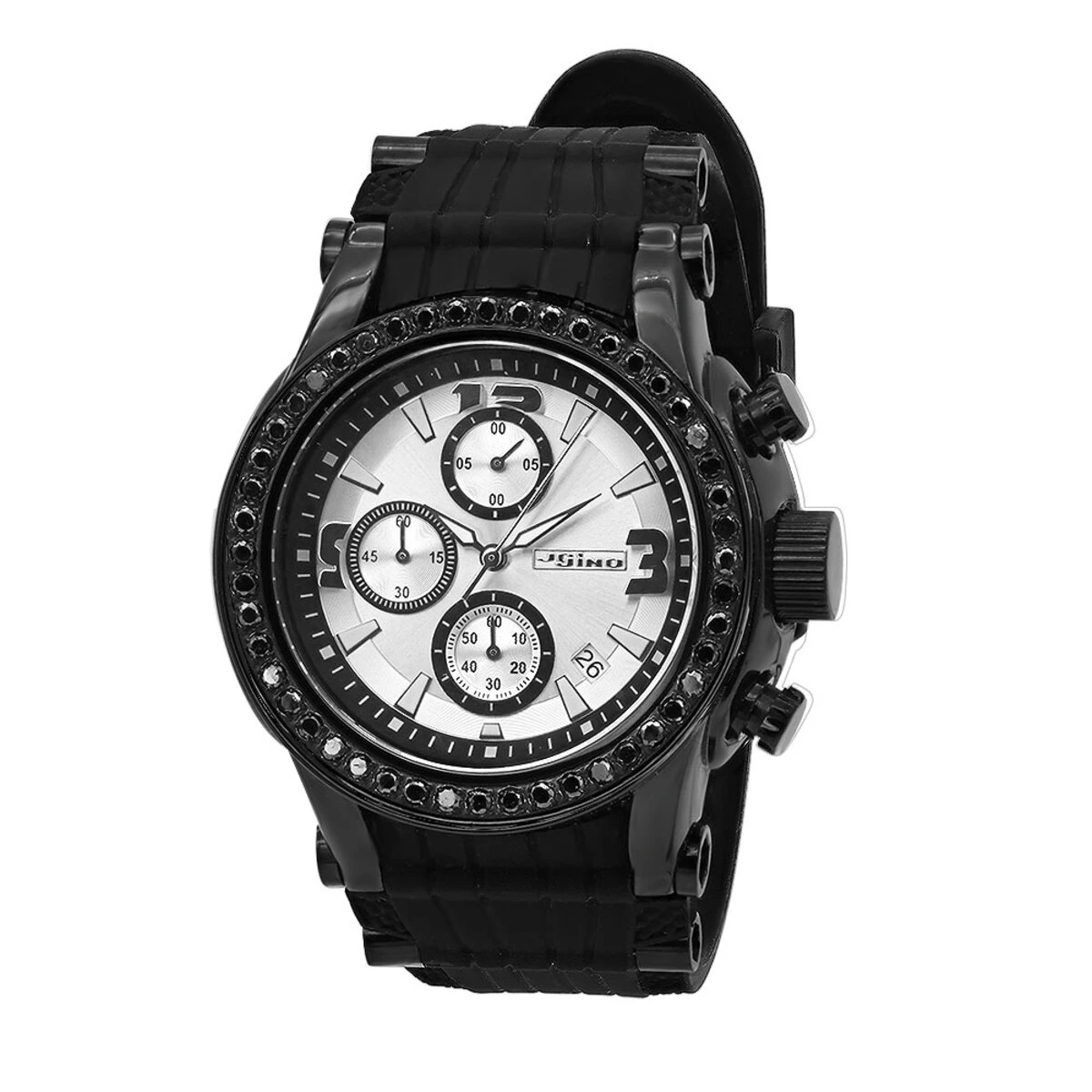 JoJino Large Men's Black Diamond Watch 2ct Silver Dial Chronograph Calendar Rubber Band 3 JoJino Large Men's Black Diamond Watch 2ct Silver Dial Chronograph Calendar Rubber Band