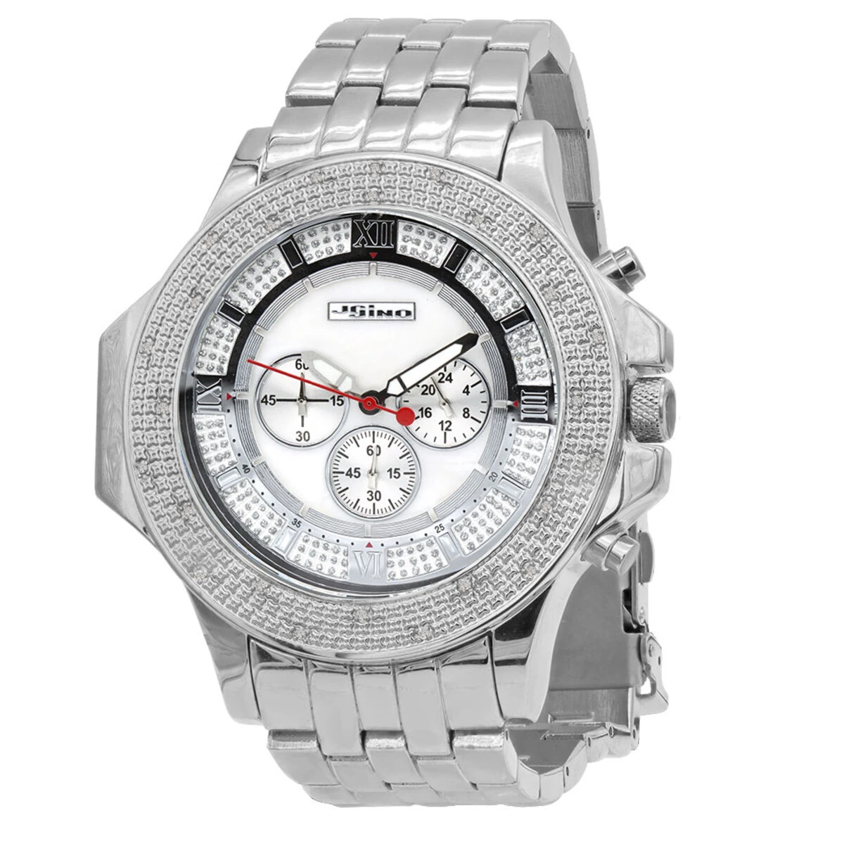 JoJino Large Men's Diamond Watch 0.25ct Iced Out White MOP Dial Chronograph 3 JoJino Large Men's Diamond Watch 0.25ct Iced Out White MOP Dial Chronograph