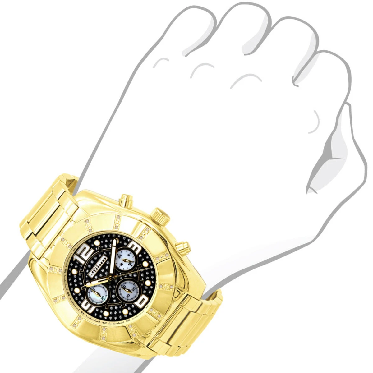 Large Men's Diamond Watch Jojino Chronograph Iced Out Black Dial Yellow Gold Pltd 5 Large Men's Diamond Watch Jojino Chronograph Iced Out Black Dial Yellow Gold Pltd - Image 3