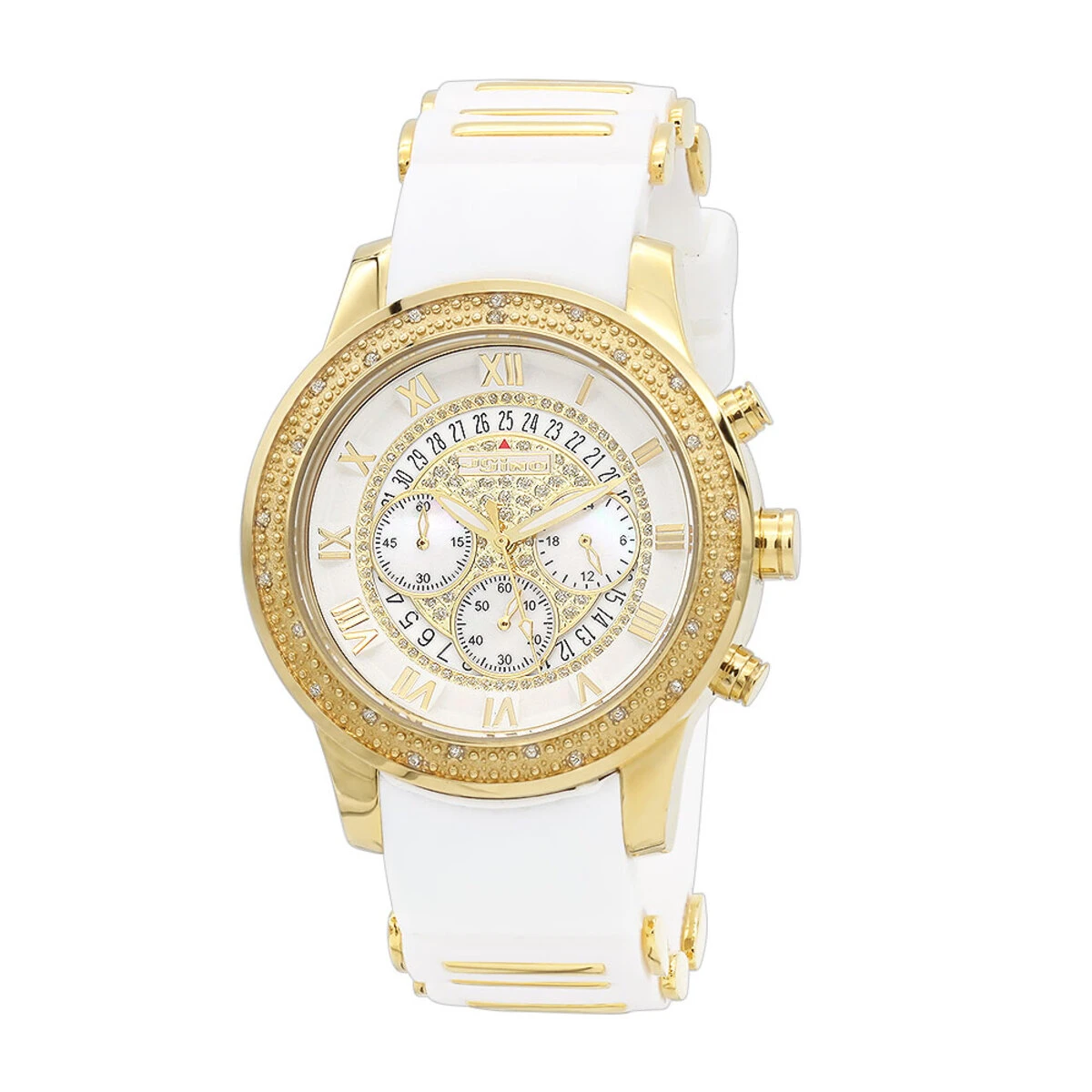 Yellow Gold Plt Jojino Men's Diamond Watch W White Rubber Band Chronograph 3 Yellow Gold Plt Jojino Men's Diamond Watch W White Rubber Band Chronograph