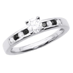 White And Black Diamond Engagement Ring 0.74ct 14K White Gold