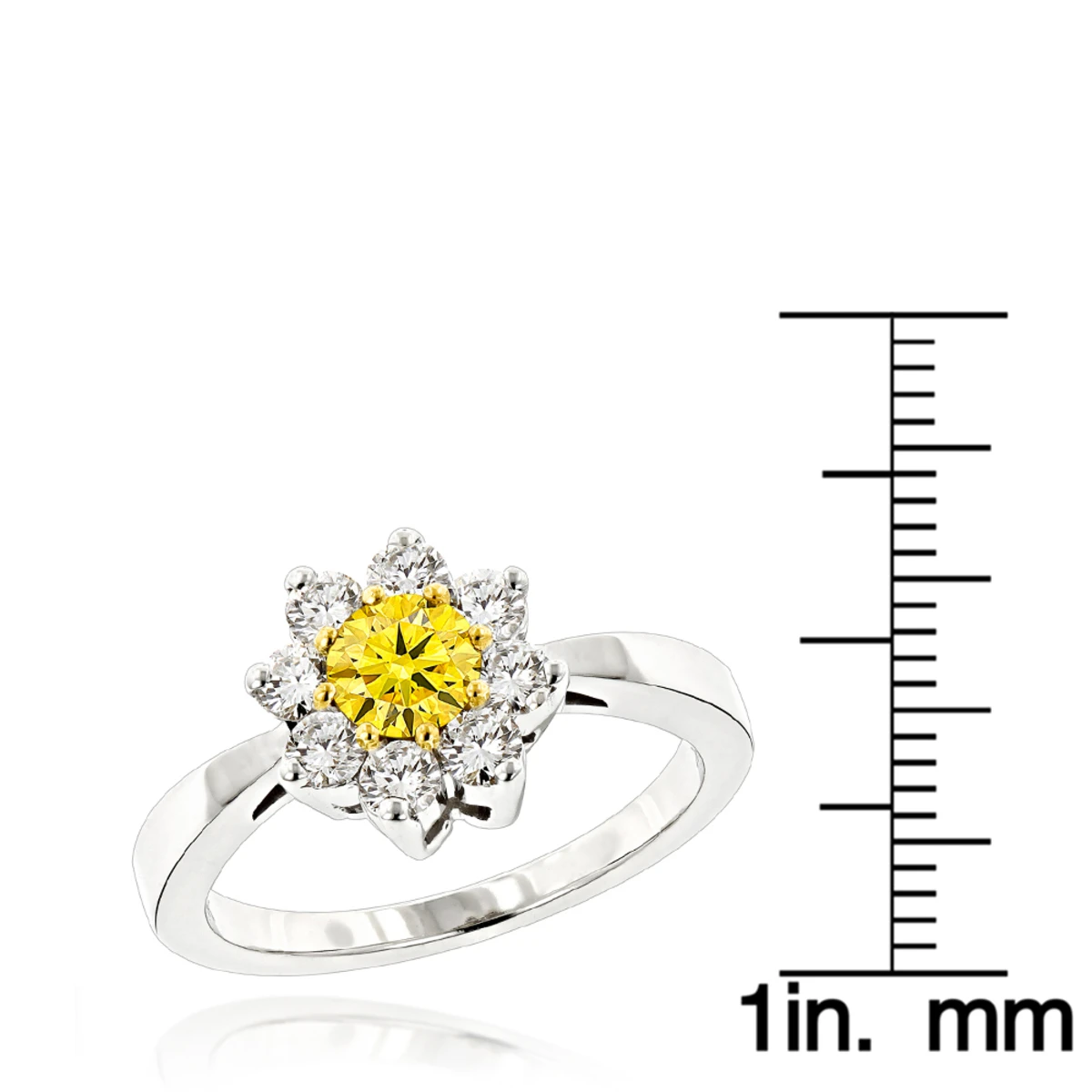 1.2ct White And Yellow Diamond Cluster 14K White Gold Daisy Ring 8 1.2ct White And Yellow Diamond Cluster 14K White Gold Daisy Ring - Image 6