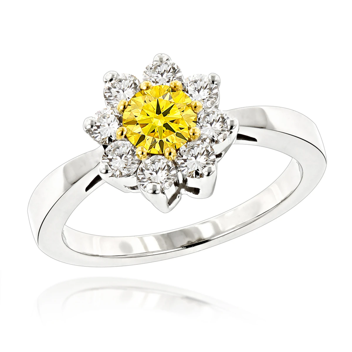 1.2ct White And Yellow Diamond Cluster 14K White Gold Daisy Ring 3 1.2ct White And Yellow Diamond Cluster 14K White Gold Daisy Ring
