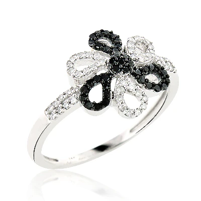 White Black Diamond Flower Ring 0.31ct 14K White Gold 3 White Black Diamond Flower Ring 0.31ct 14K White Gold