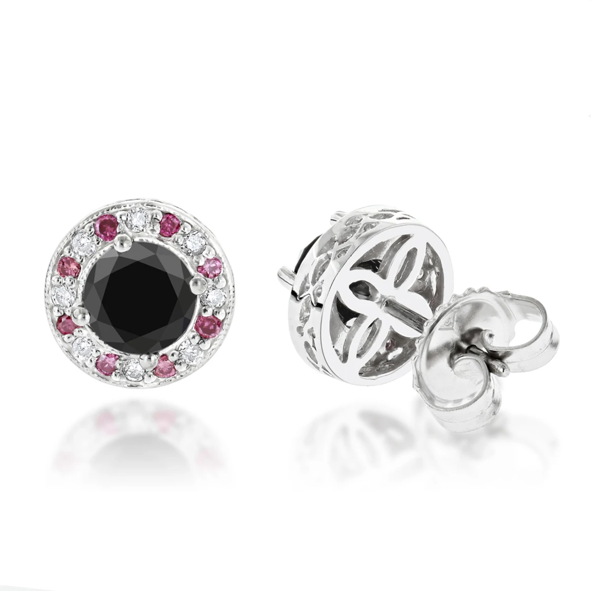 White Pink And Black Diamond Stud Earrings 2.2ct 14K White Gold 3 White Pink And Black Diamond Stud Earrings 2.2ct 14K White Gold