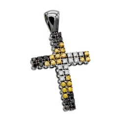 White Yellow Black Diamond Cross Pendant 1.45ct 10K Black Plated Gold