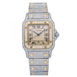 Women's Diamond Watch Cartier Santos De Cartier 18K Gold Champagne Dial